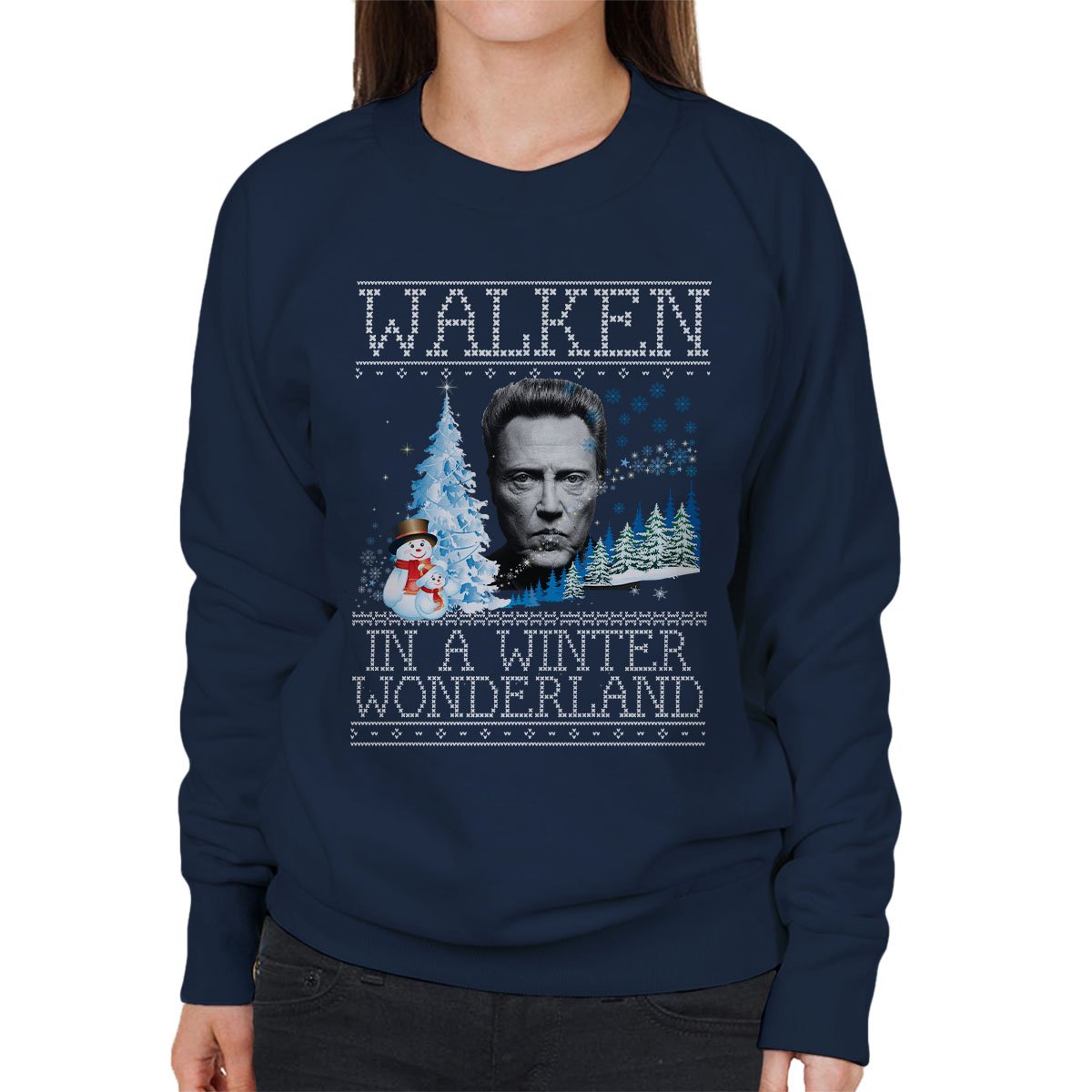 Cloud City 7 Women's Navy Blue Walken In A Winter Wonderland Christmas Knit Sweatshirt