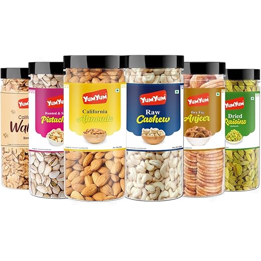 Yum Yum 1500g Assorted Nuts and Dry Fruits, Pack of 6 - Walnut Kernels, Roasted and Salted Pistachios, California Almonds, Raw Cashews, Dry Figs, Dried Raisins