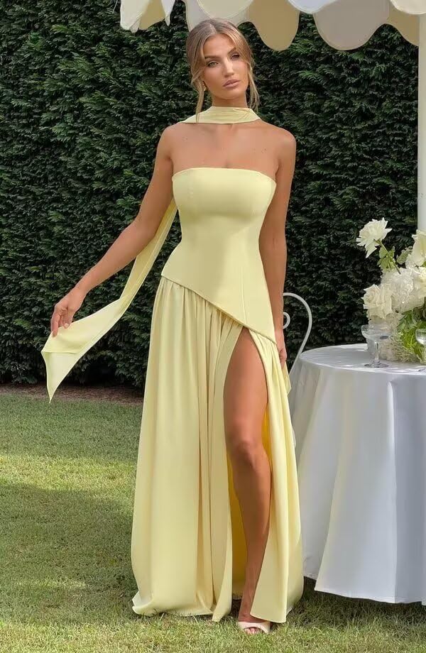 Strapless Bridesmaid Dresses with Scarf Long Satin Pleated Prom Dress with Slit Ruched Wedding Guest Formal Gowns4