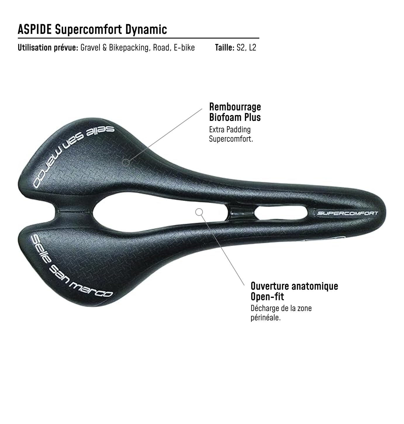 Selle San Marco ASPIDE Supercomfort Dynamic - Selle Gravel, Siège étroit, Gel Renforcé, Forme Incurvée, Rail Acier Alliage
