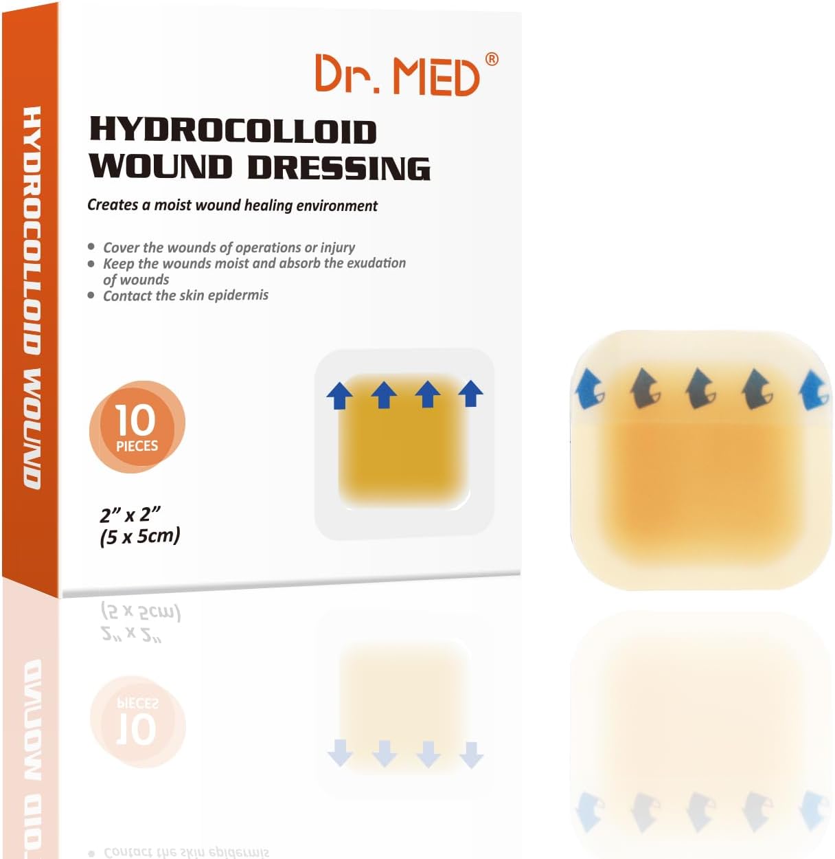 Dr. Med Hydrocolloid Wound Dressing, 2" x 2", Pack of 10 Per Box, Waterproof Adhesive Bandage with Edges, for Light Exudates, Abrasions, Pressure Ulcers