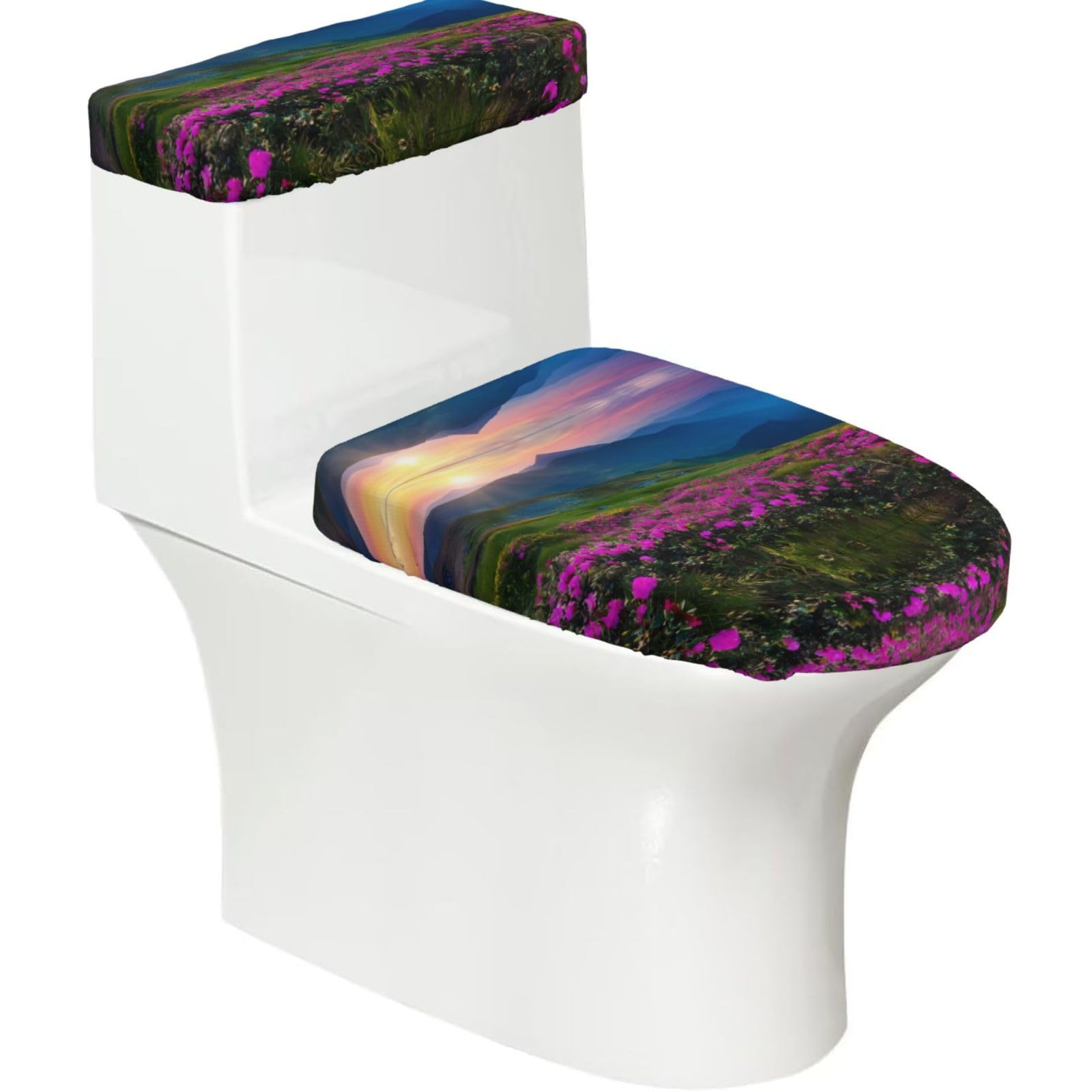 Wzycwb Black Nature Purple Flowers Meadow Mountain Scenic 2-Piece Toilet Seat Cover Set With Tank Lid, Elastic Fit For U-Shape & Elongated Toilets, Bathroom Decor, Housewarming Gift