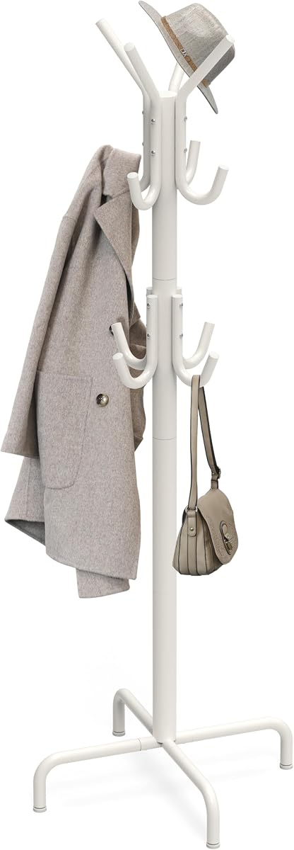 Standing Coat/Hat Hanger Organizer Rack, 12 Hooks, White | For Entryway, Bedroom, and Hallway