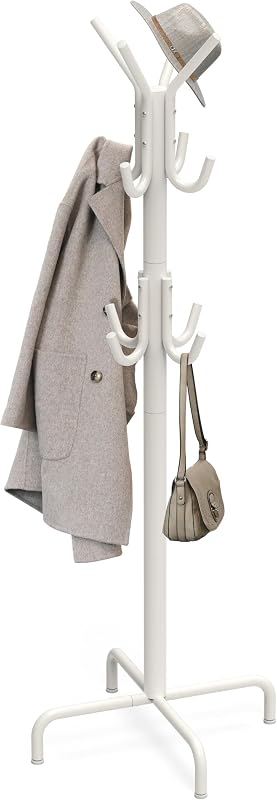 Standing Coat/Hat Hanger Organizer Rack, 12 Hooks, White | For Entryway, Bedroom, and Hallway