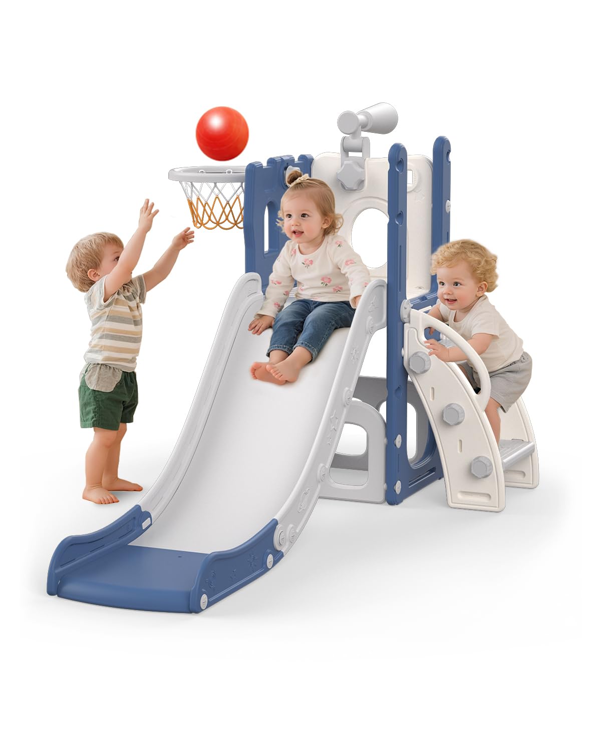 Scivolo per Bambini, 5 in 1 Scivolo per Interni ed Esterni, Parco Giochi per Bambini con Canestro da Basket, Spazio di Archiviazione e Telescopio, Parco Giochi per Bambini da 1 Anno, Blu
