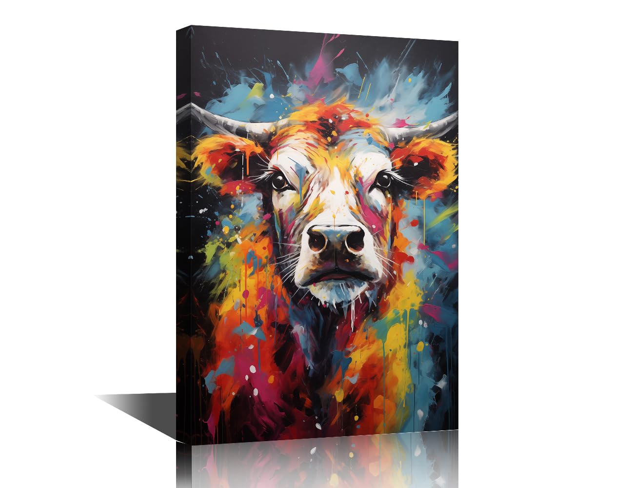 TISHIRON Bathroom Decor Wall Art Colorful Abstract Printed Wall Paintings 1 Piece Bull Wall Decoration for Living Room Decor Cow Wall Pictures Framed Ready to Hang (12''Wx 18''H)