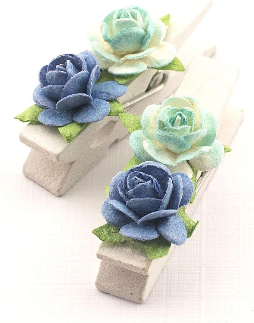 Summer-Ray 50 Handmade Mulberry Flower Decorated Mini White Wooden Clothespin Wedding Favors Decoration (Blue)