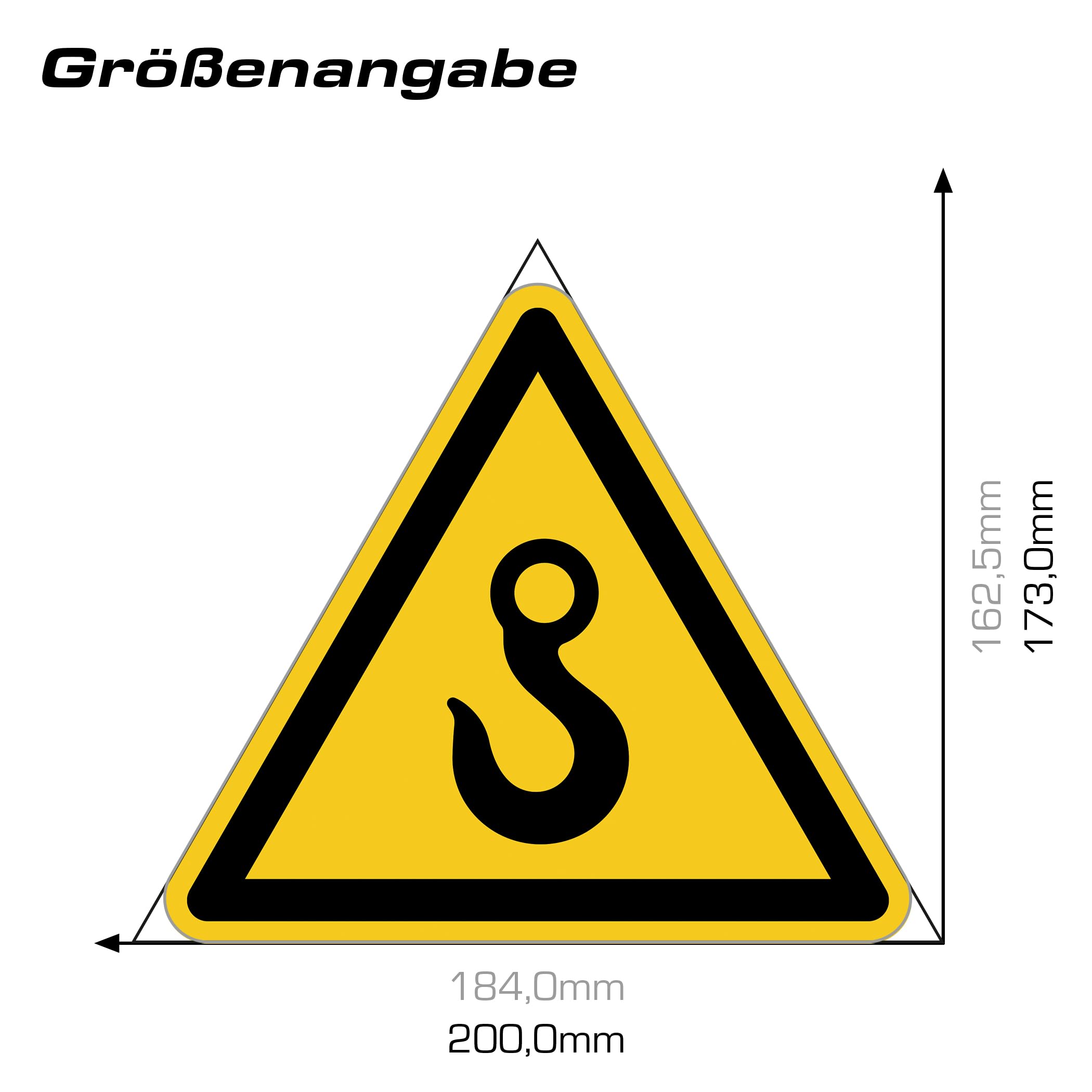 Señal de advertencia de gancho para grúa según DIN EN ISO 7010 ASR A1.3, símbolo de advertencia – Señal de seguridad para ganchos de grúa e industria, autoadhesivo, resistente a la intemperie
