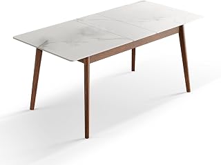 Solid Oak Extendable Dining Table with Stone Slab Tabletop for 4-8 People, Seamless Expansion, Diagonal Legs, Farmhouse Kitchen Table for Small Spaces (Walnut-Slate)