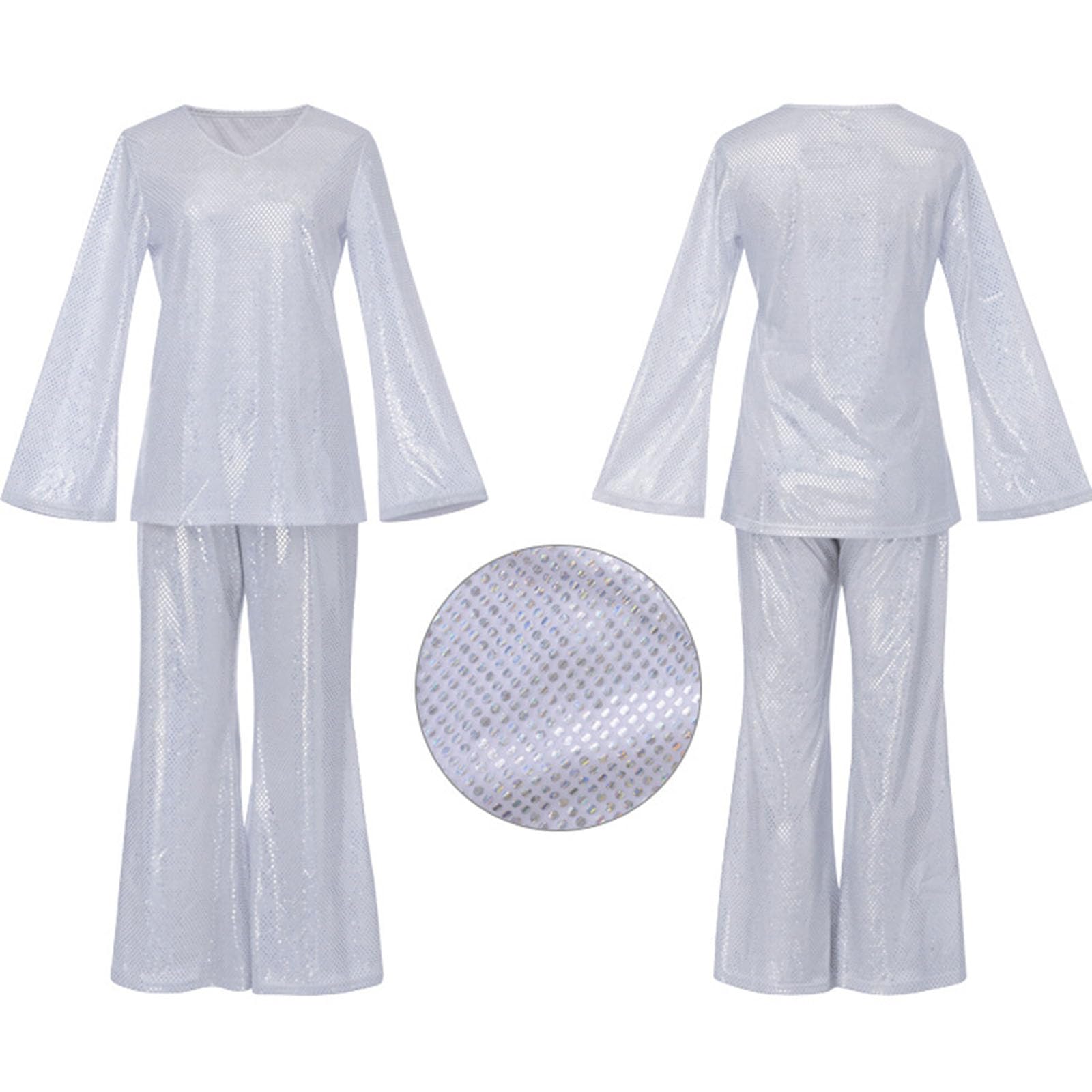 Disco Kostüm Damen 60er 70er Jahre Outfit Disco Outfit mit Perücke Halskette Armband Ohrringe Stirnband Pailletten Outfits für Halloween Faschingskostüme Themenparty S-3XL