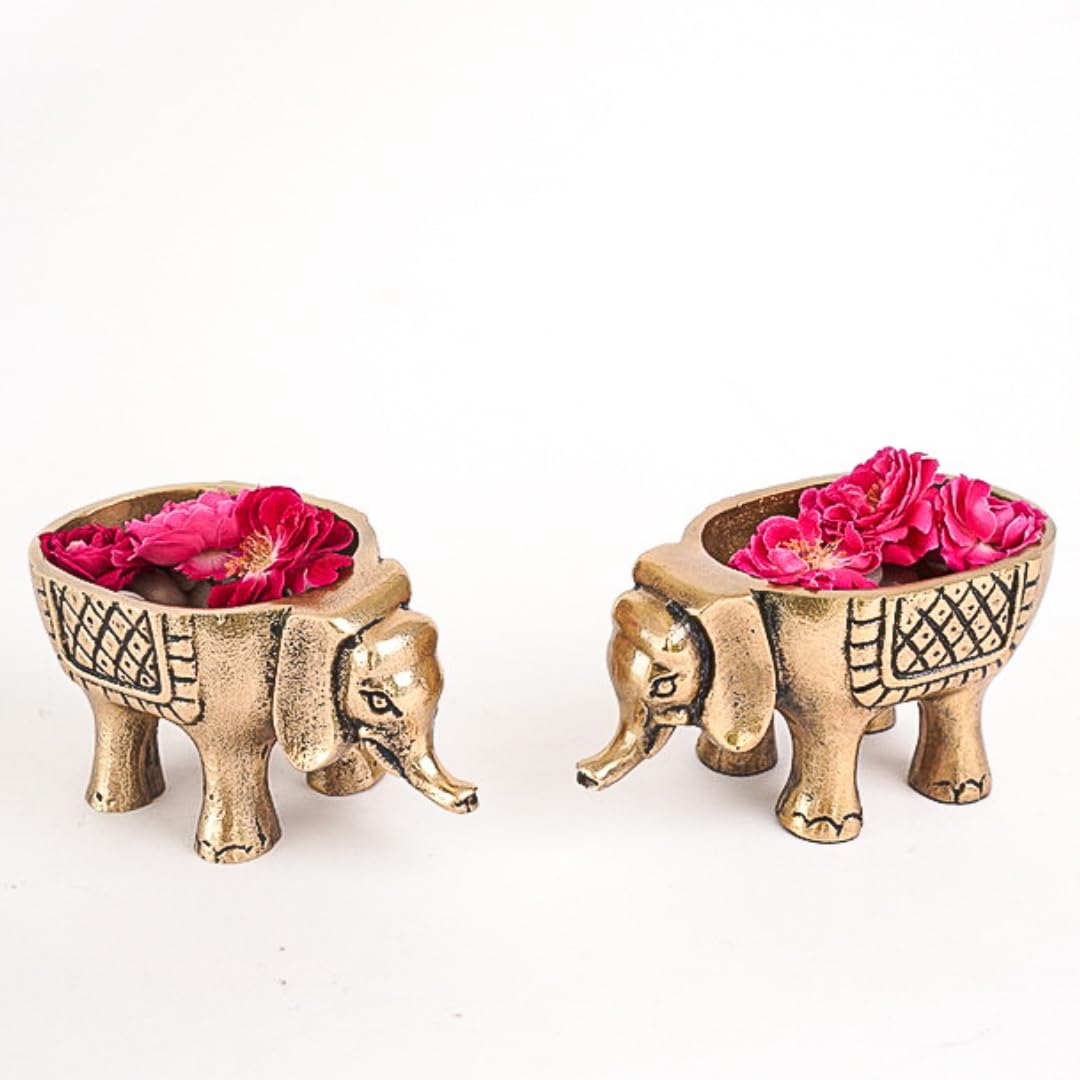 BEHOMA Aluminium Elephant for Good Luck | Statue for Tabletop Living Room Office | Candle Holder Gift Showpiece for Valentine's Day, Birthday (Candles/Plants Etc Not Included, Set of 2, Golden)