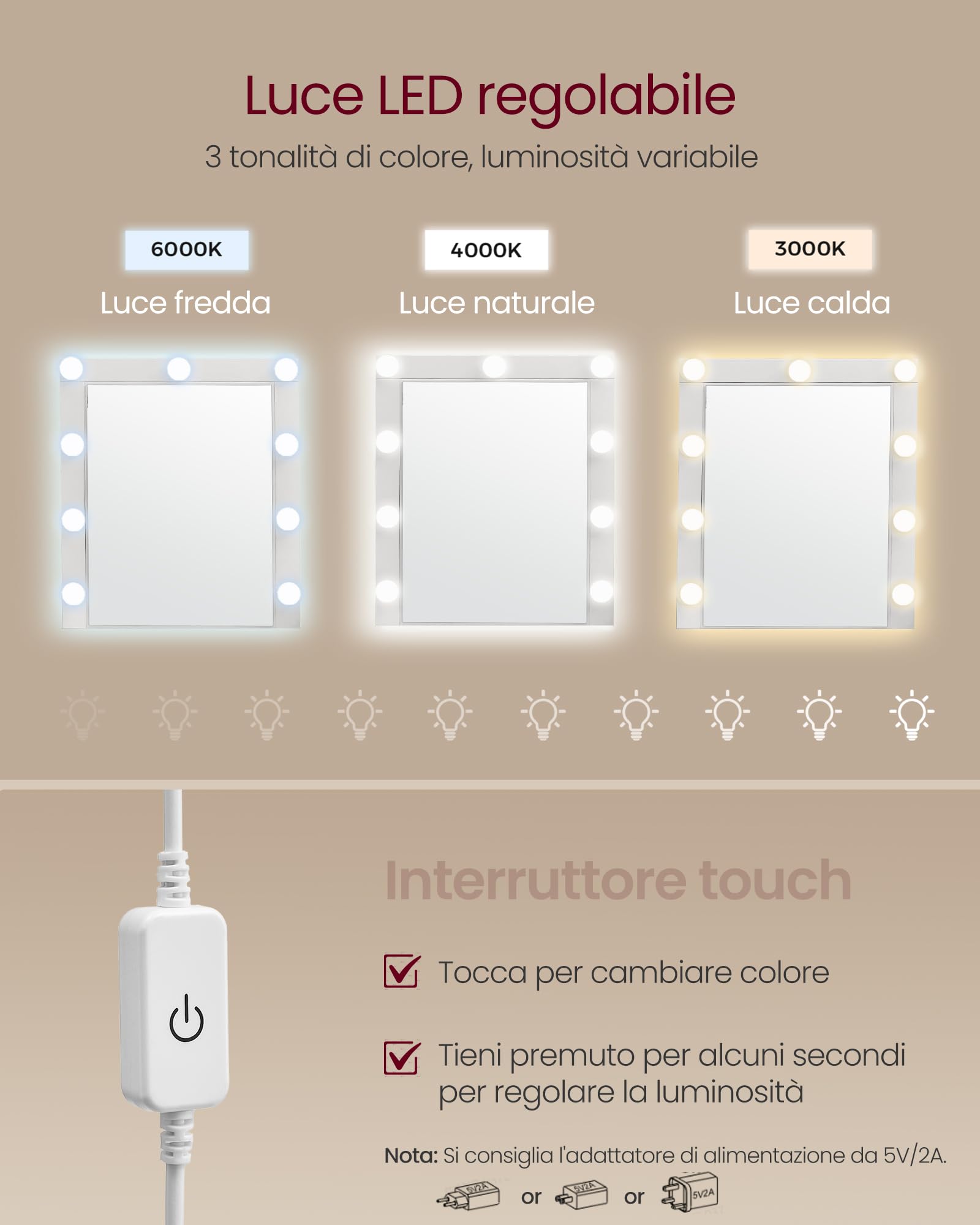 VASAGLE KAILYN Collezione - Toeletta, Luce LED Regolabile a 3 Colori, Tavolo da Trucco con Specchio, 2 Cassetti e 3 Scomparti, Postazione Trucco, Moderno, Bianco RDT114WB01