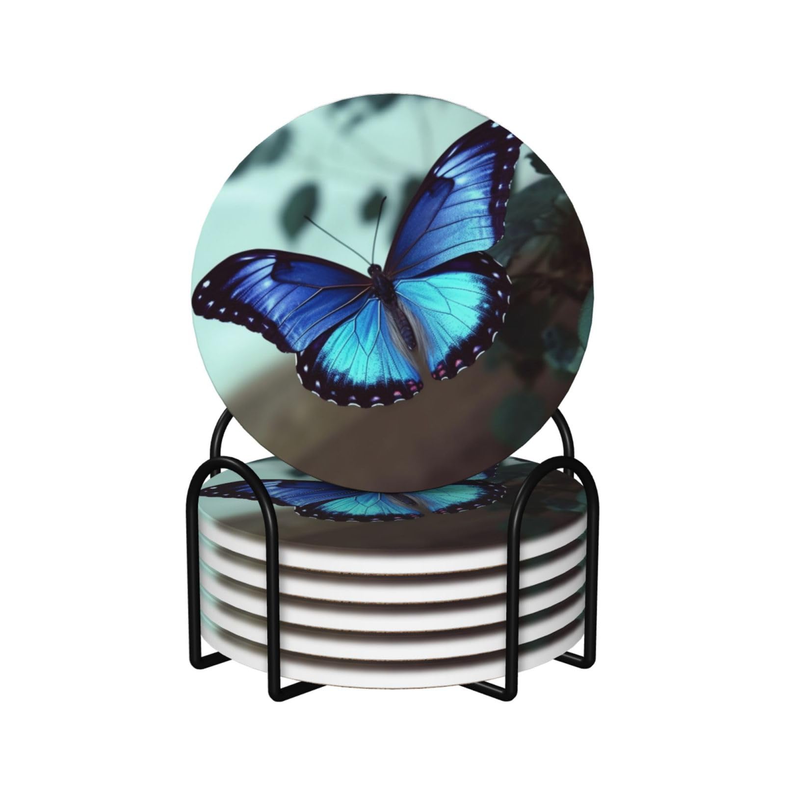 Dessous de verre en céramique lot de 6 avec support métal et liège bleu