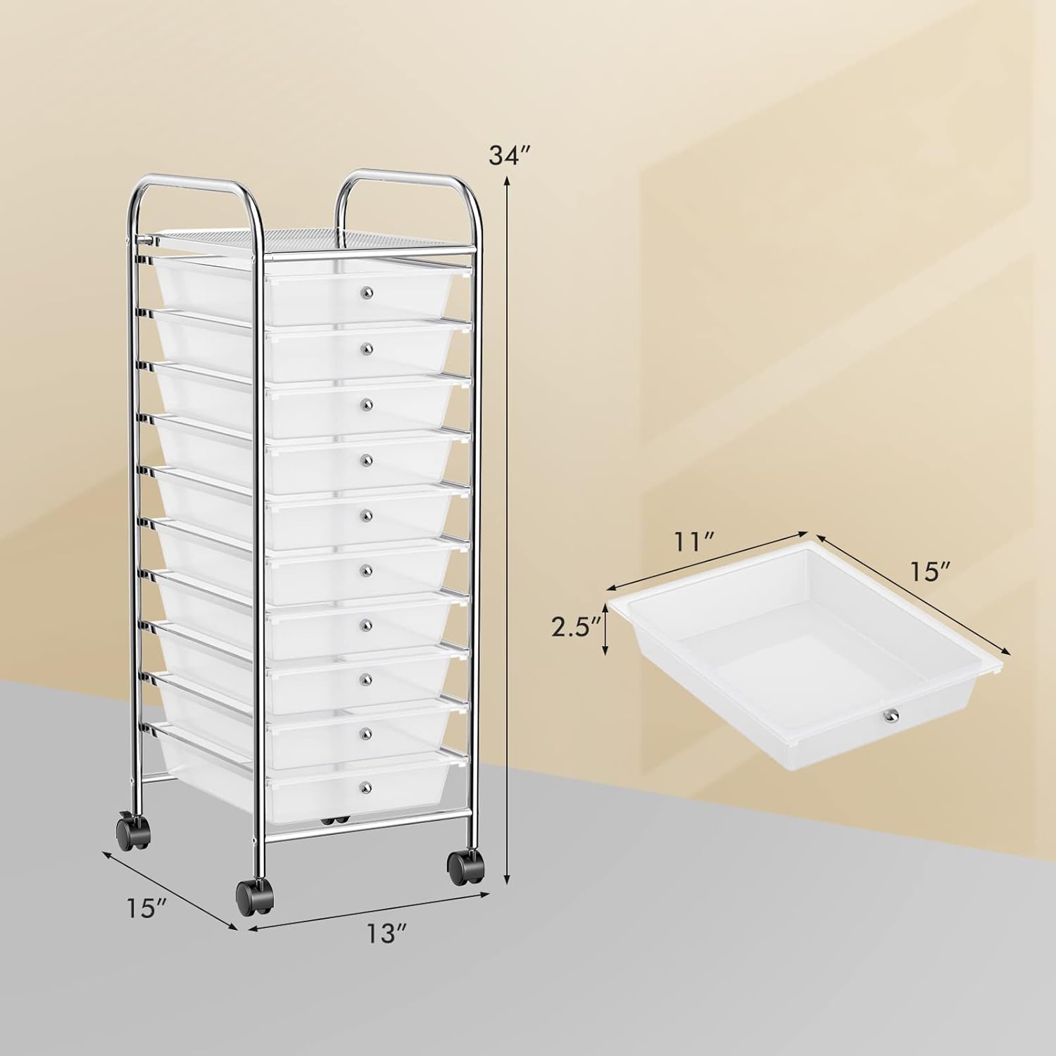LDAILY 10-Drawer Rolling Storage Cart, Rolling Storage Cart, Storage Organizer on Wheels, Metal Frame, Scrapbook Paper Tools, Suitable for Office School, Classroom (Clear, 10 Drawer)