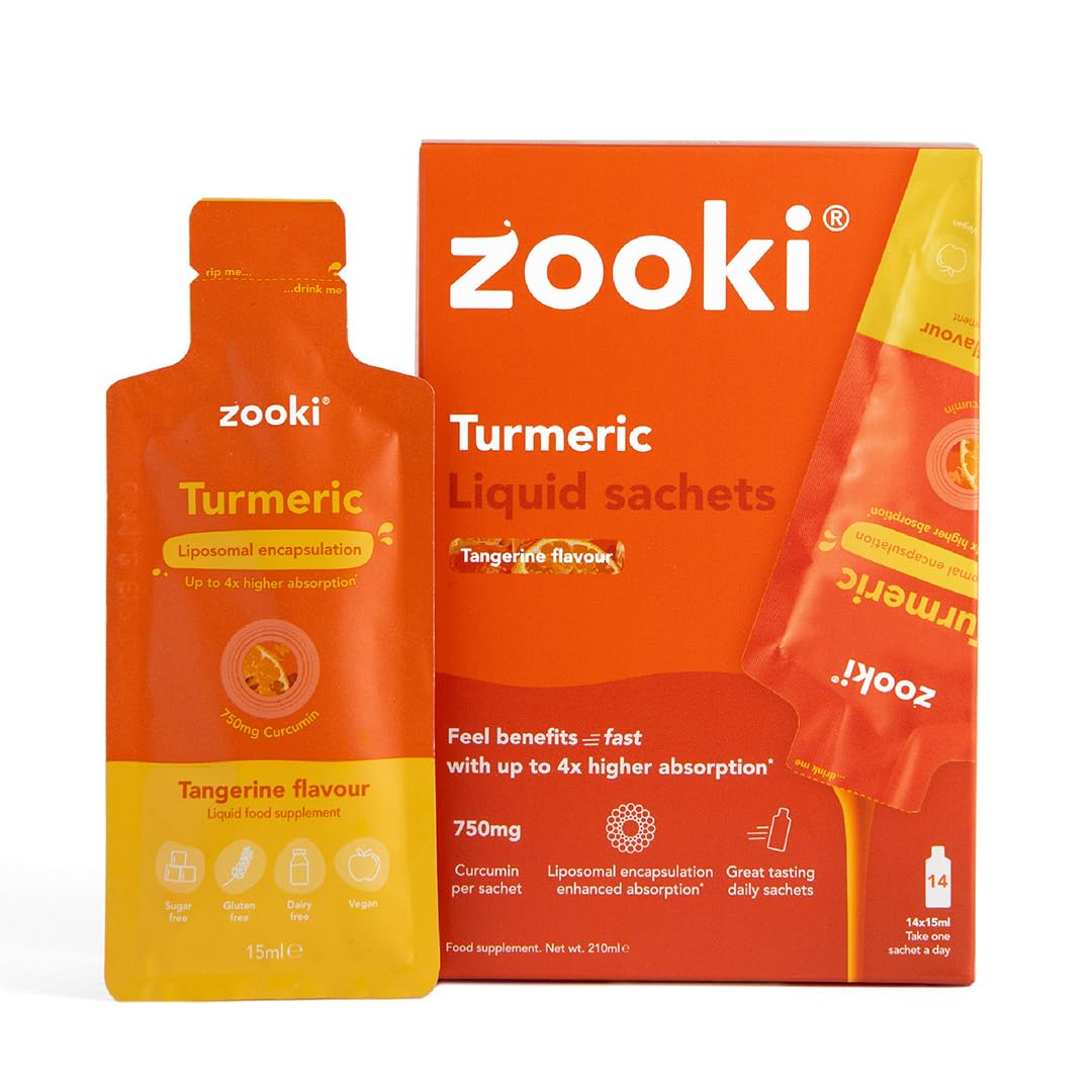 Zooki 750mg Liposomal Curcumin from Turmeric Liquid Sachets | 4X Higher Absorption | Vegan, Allergen Free, Natural Ingredients | (Tangerine Flavour, 14 Servings)