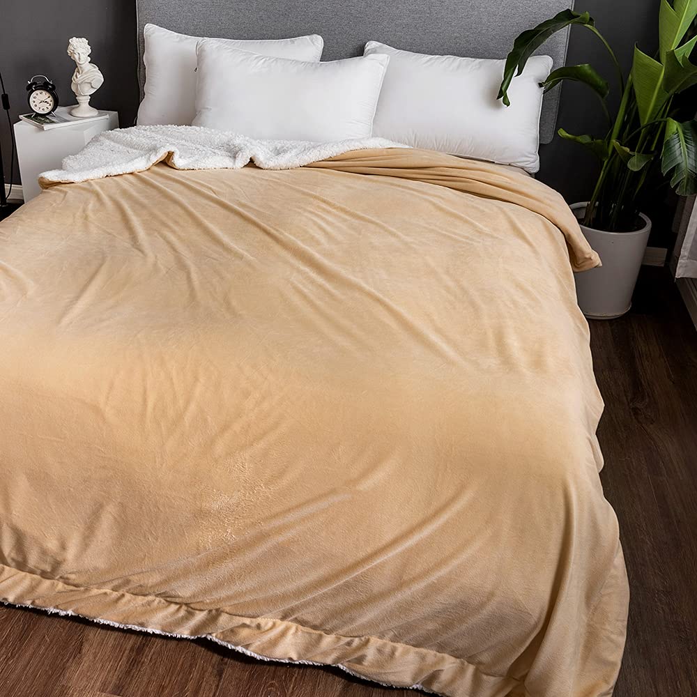 Qollection Latte Gold Sherpa Teddy Lush [Latte Gold] Super Soft Blanket Faux Fur Shaggy & Crystal Fleece At Back Cosy Fuzzy Throws Warm Solid For Sofa Couch & Bed Décor Double Ply Reversible (Latte Double 200X150cm)