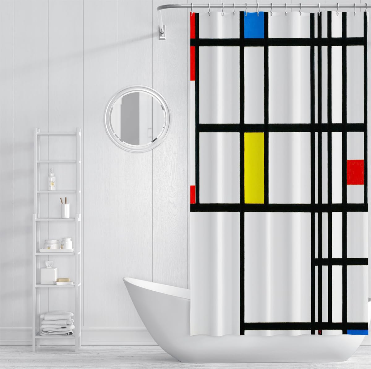 Rideau de Douche à Grille Noire Minimaliste Rideau de Bain Abstrait géométrique Blanc en Tissu Polyester Rouge Jaune Bleu Bloc de Salle de Bain 200 x 220 cm