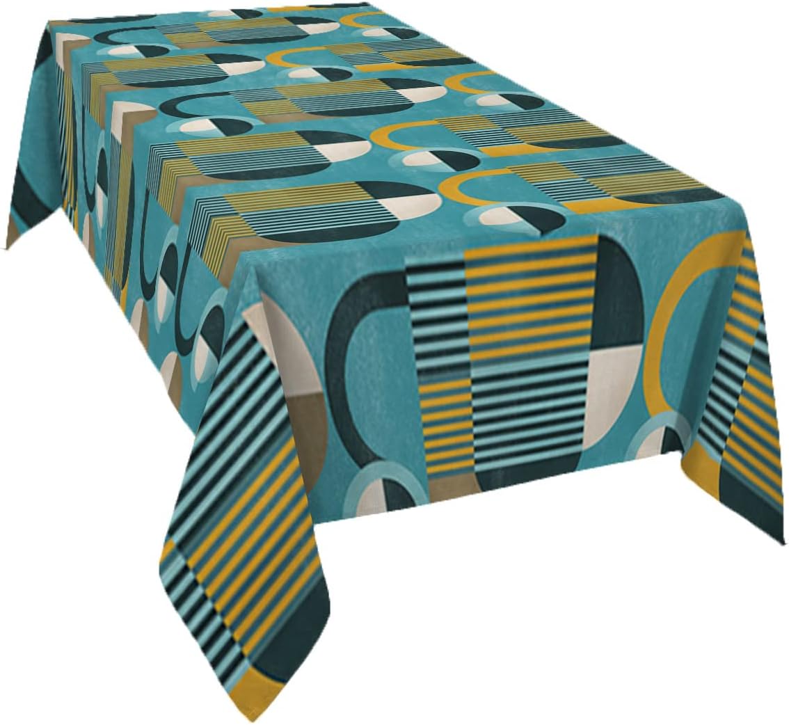 Rectangle Modern Turquoise Tablecloth Waterproof & Stainproof Tablecloths, Abstract Teal Orange Geometric Wipeable Table Cloth Wrinkle-Free for Round/Rectangle/Oval/Square/Dining/Party/Wedding, 54x108
