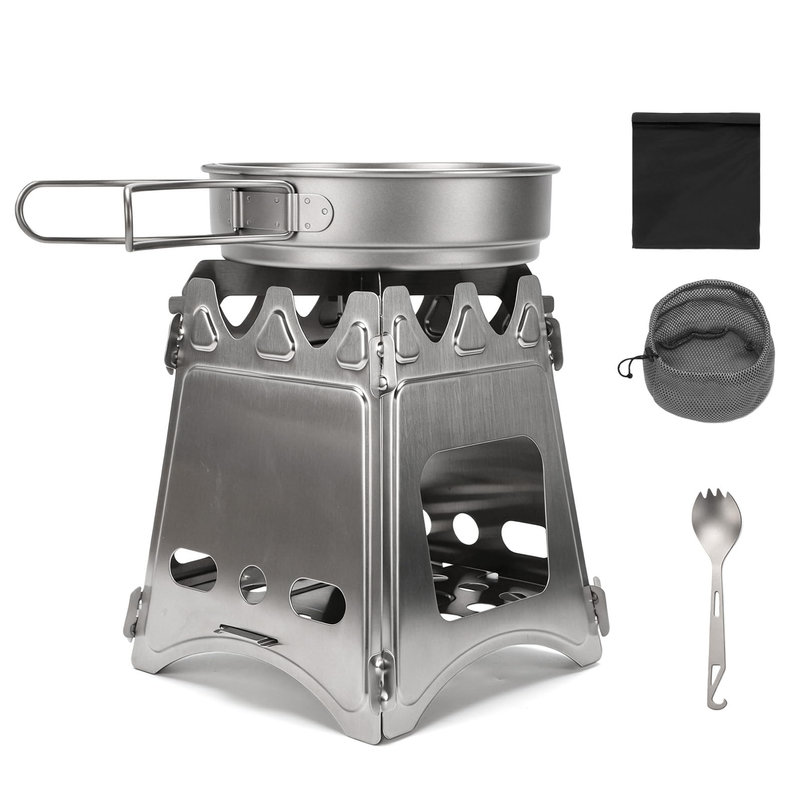doorslay Camping Cookware Set Outdoor Cooking Kit Mess Kit Foldable Stainless Steel Stove 500ml Ti Frying Pan Ti Spork with Bottle Opener for Camping Hiking Picnic (Stove Fork Spoon Grill Pan)