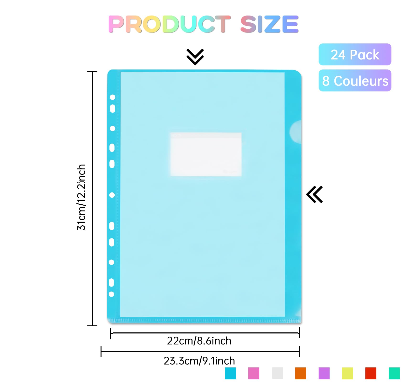 Agoer A4 Plastic Folders Punched with Label Pocket,24 Pcs Clear Plastic Sleeves Wallets 8 Bright Colours A4 Cut Flush Folder Open Top&Side,11 Holes Sheet Protector for Paperwork Files Report - Image 2