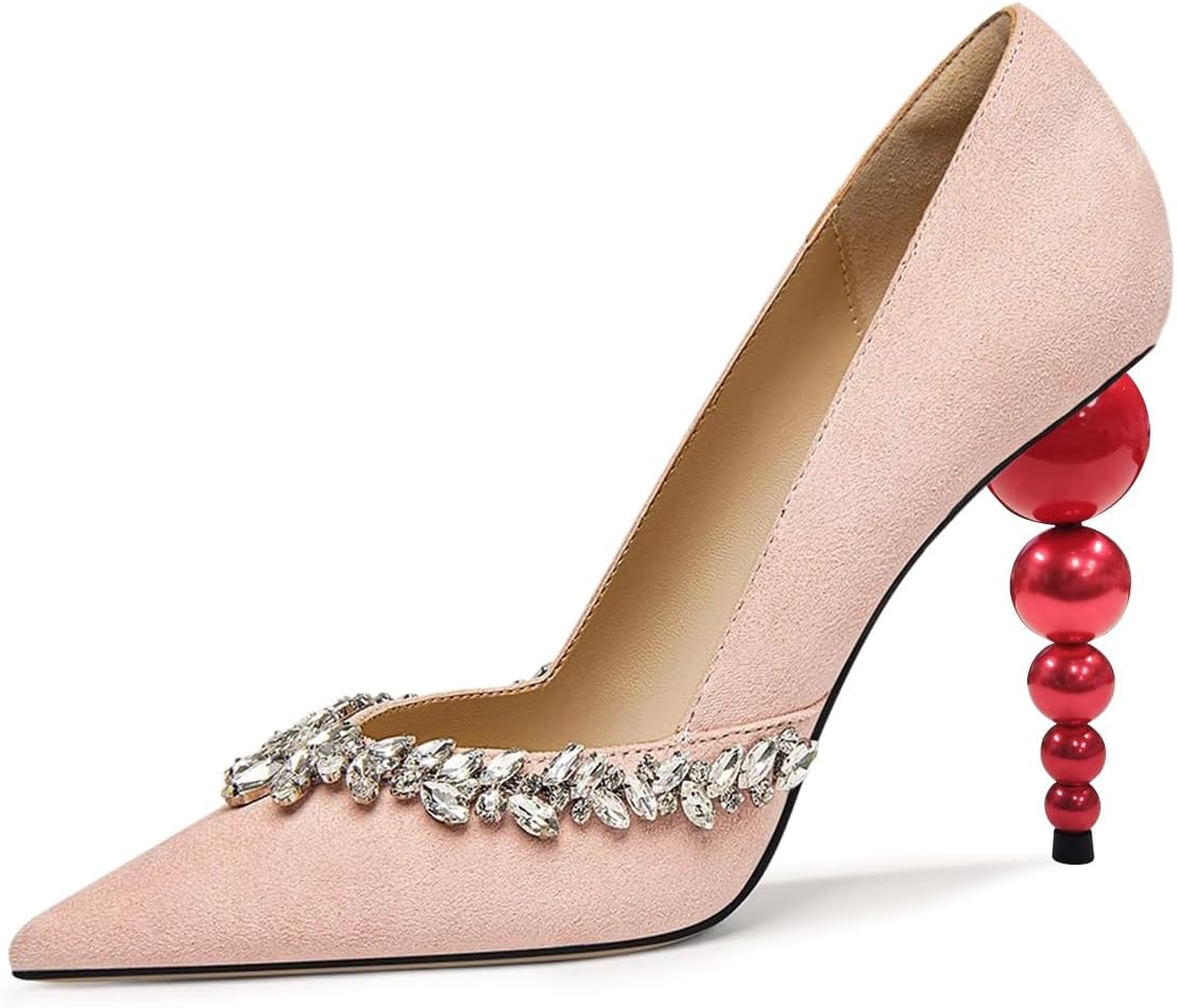 FOWT Women Gorgeous Rhinestone Decoration Pointed Toe Pumps Pearls High Heel Slip on Elegant Wedding Cocktail Party Shoes Size 4-16 US