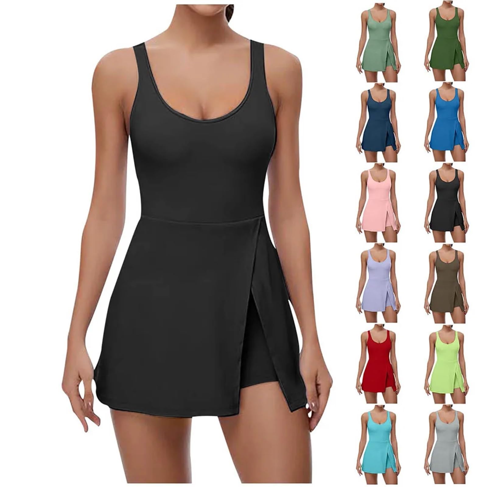 Tenniskleider for Damen, Schlichtes, Klassisches, Einfarbiges, Sportliches Minikleid Mit U-Ausschnitt, Integrierten Shorts Und BH, Figurbetontes Kleid Mit Seitlichem Schlitz