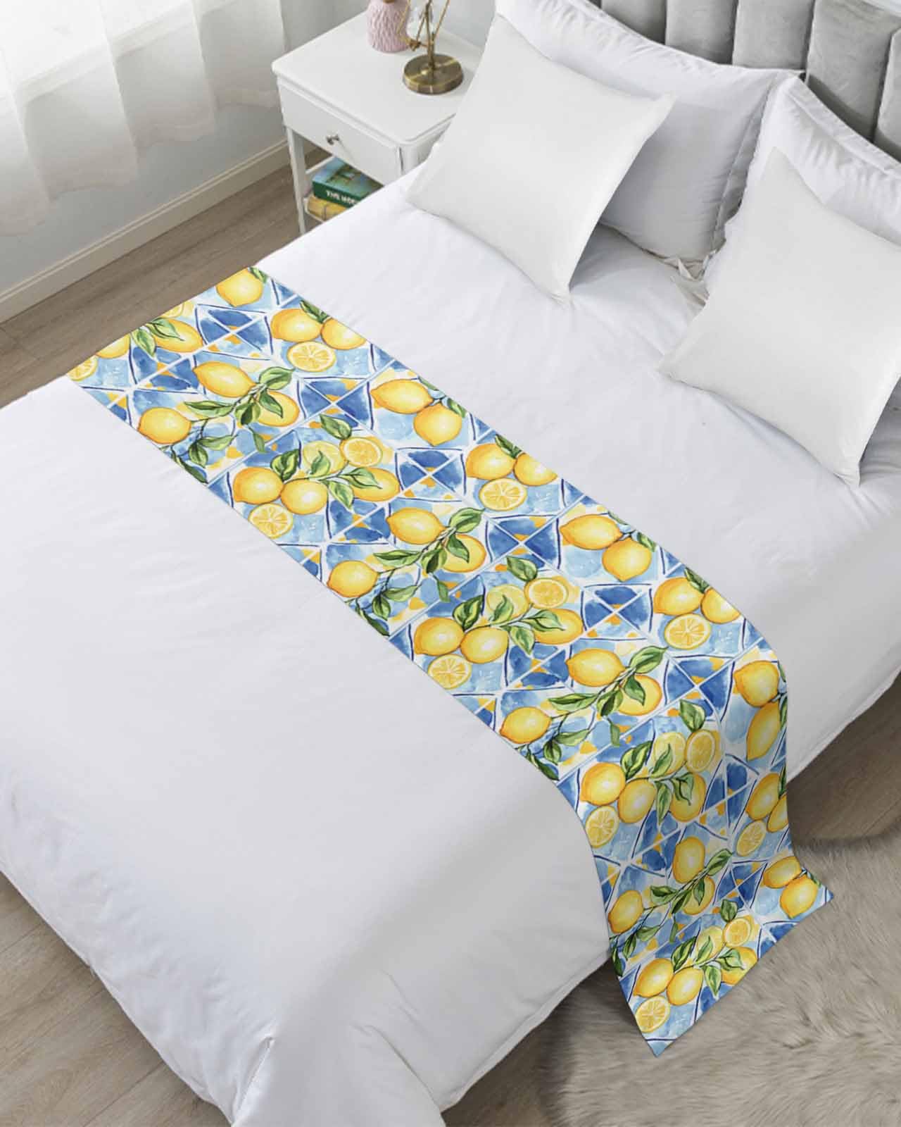Watercolor Lemon Bed Runner for Twin Size, Botanical Leaves Country Blue Bedspread Protector Slipcover Bed Scarf for Foot Runners & Scarves for Bedroom Hotel Wedding Room 71x20 Inches