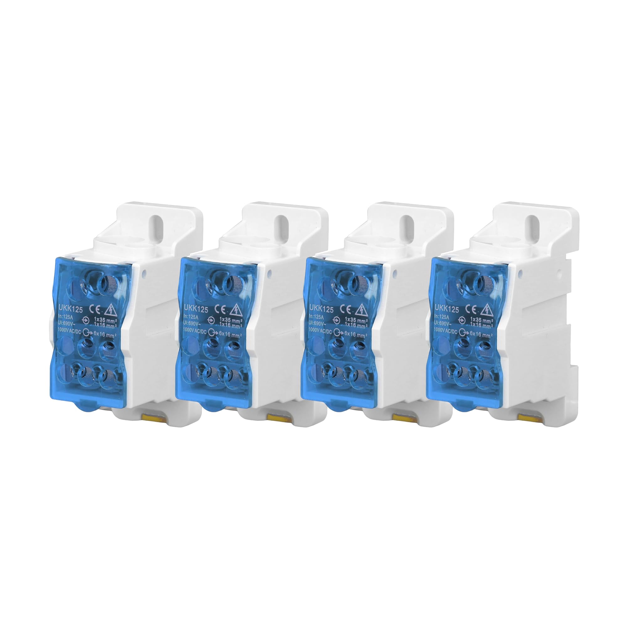 Morsettiera Distribuzione, UKK 690V, morsettiera elettrica, Scatola di Distribuzione Morsettiera su Guida DIN Scatola di Giunzione di Alimentazione Universale (4, Blu, 125A)