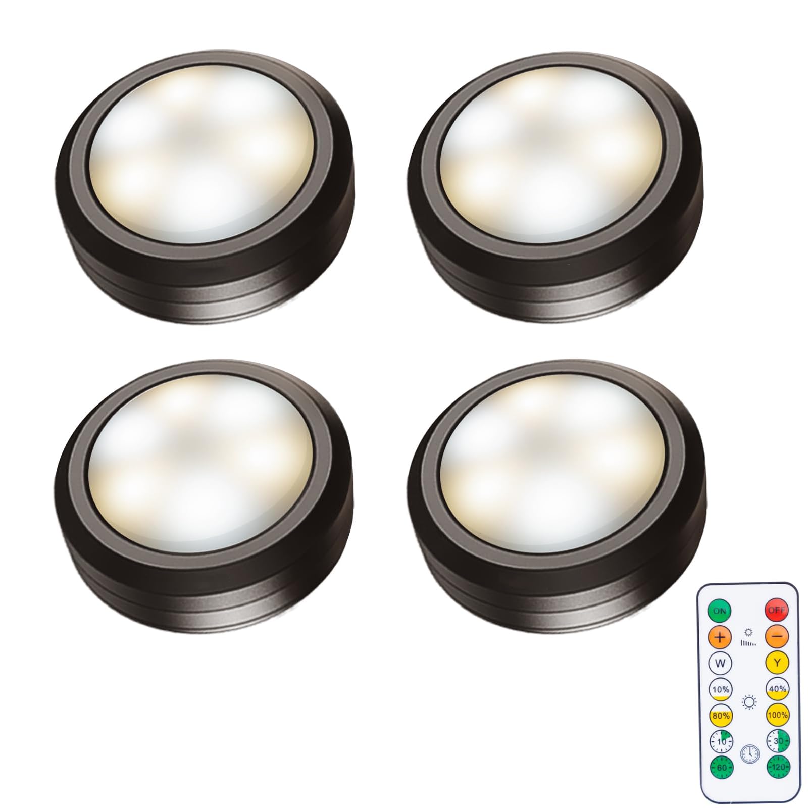 Dzxin Puck Lights With Remote Control, Wireless LED Under Cabinet Lighting, Battery Operated, Dimmable, Stick On for Kitchen, Closet, Counter - Black (4 Pack)