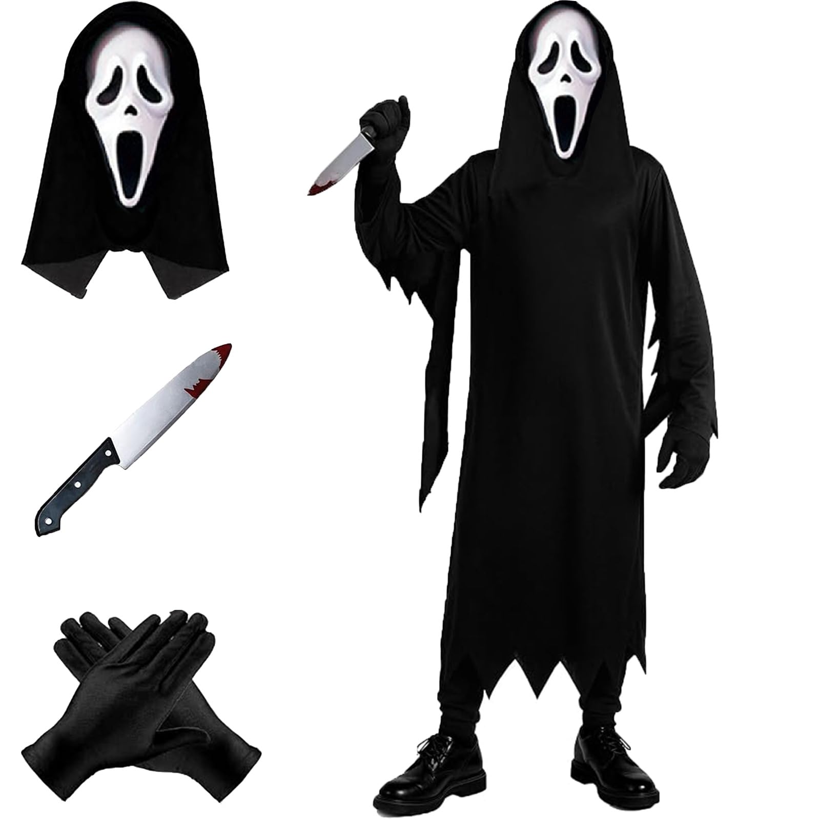 FUNLOV Ghost Face Costume Set for Kids, Scary Halloween Outfit Props (S)