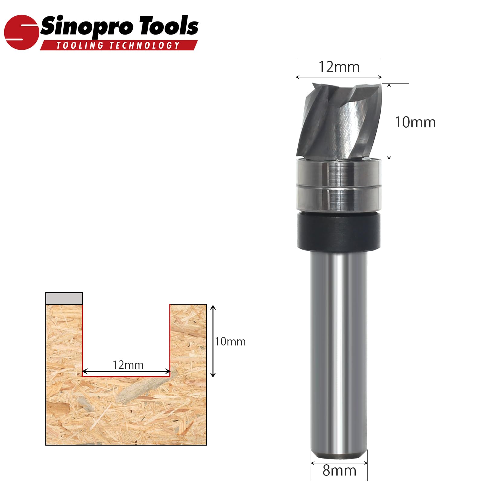 Spiralfräser 8mm Schaft VHM Fräser, 3Flöten Up Cut Nutfräser, 12mm Schnittdurchmesser，10mm Schnittlänge，Bündig-Profilfräser für Holz Kanten Bündig zu Fräsen oder um zu Kopieren