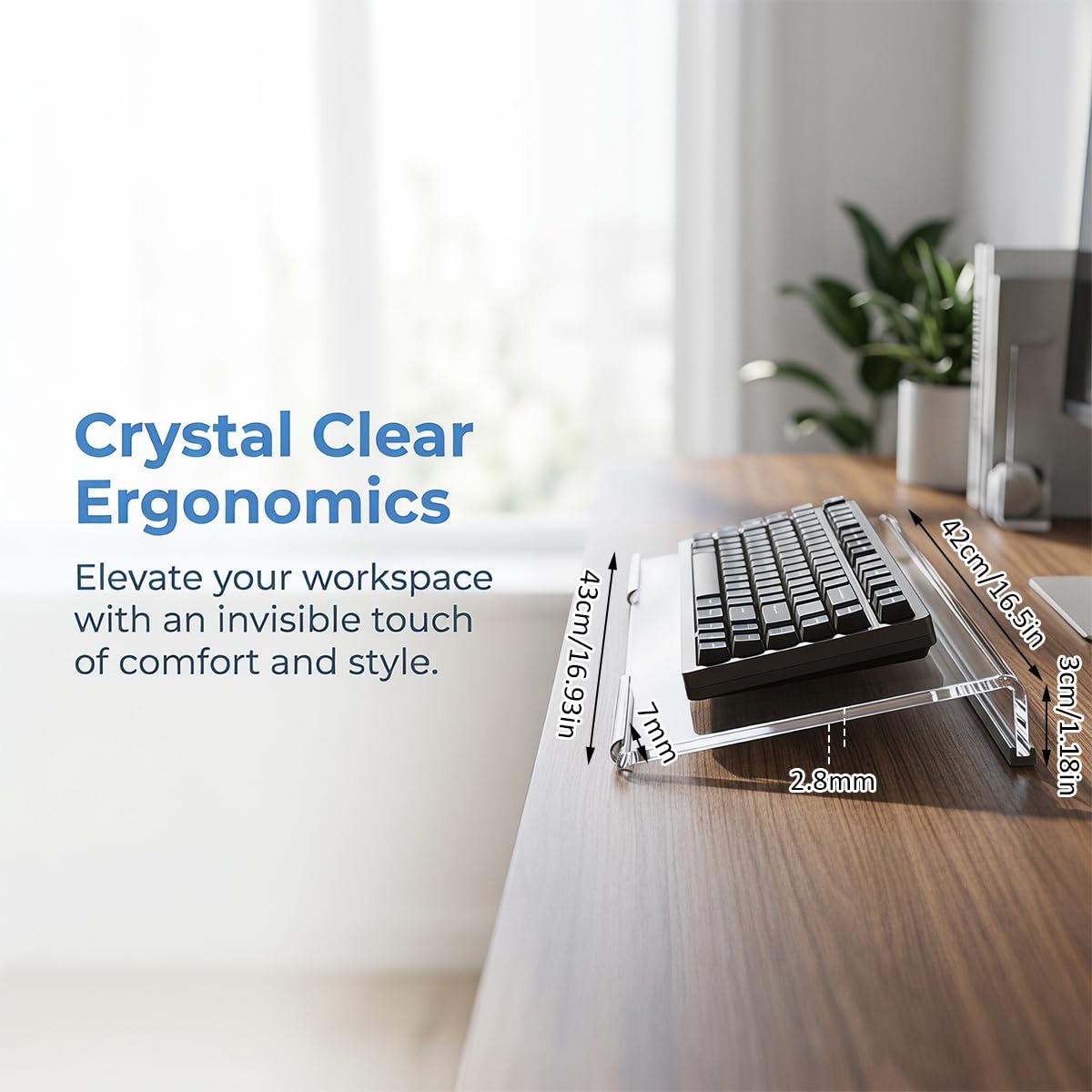 Plateau pour Clavier en Acrylique Transparent,43x14cm Support Ergonomique | Incliné Rehausseur Antidérapante en Silicone pour Frappe, Convient à la Plupart Des Claviers, pour Bureau, Maison, école