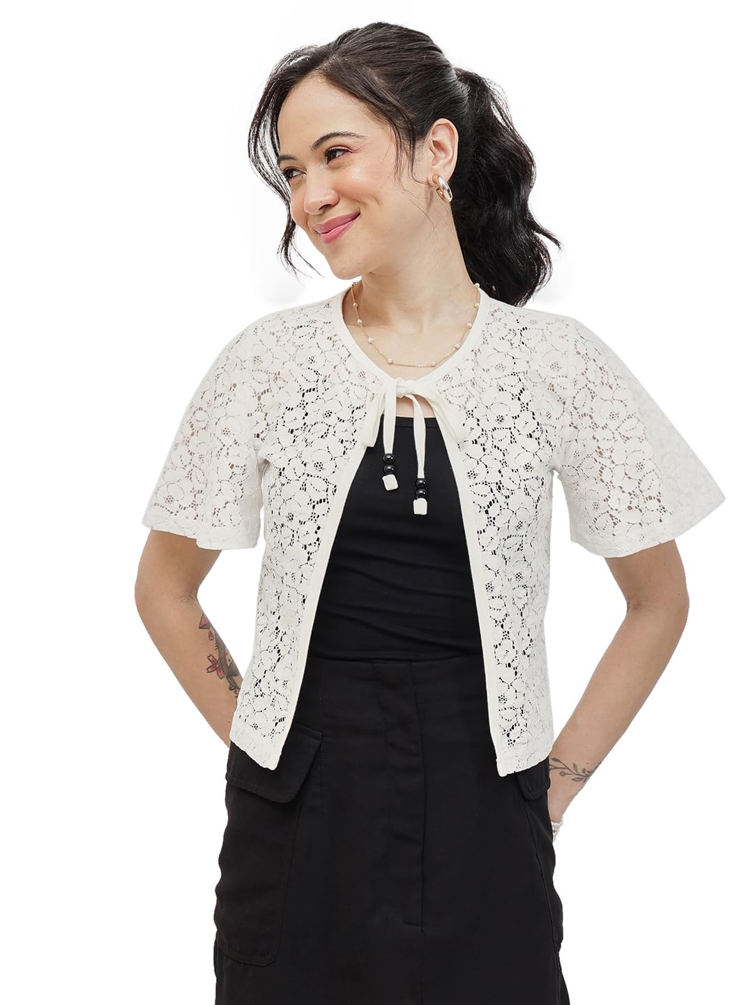 nümae Women's Butterfly Sleeve 95% Cotton 5% Nylon Lace Tie Up Shrug-picture-22