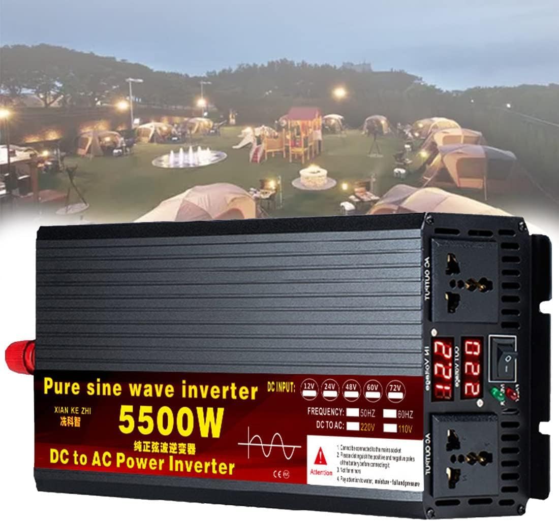 Onda Sinusoidal Pura Inversor 3500W 4000W 5000W 5500W Convertidor de Voltaje 12V 24V 48V 60V 72V a 220V Inversor de Corriente AC Power Inverter Transformador de Voltaje para Coche (12V,5500W)