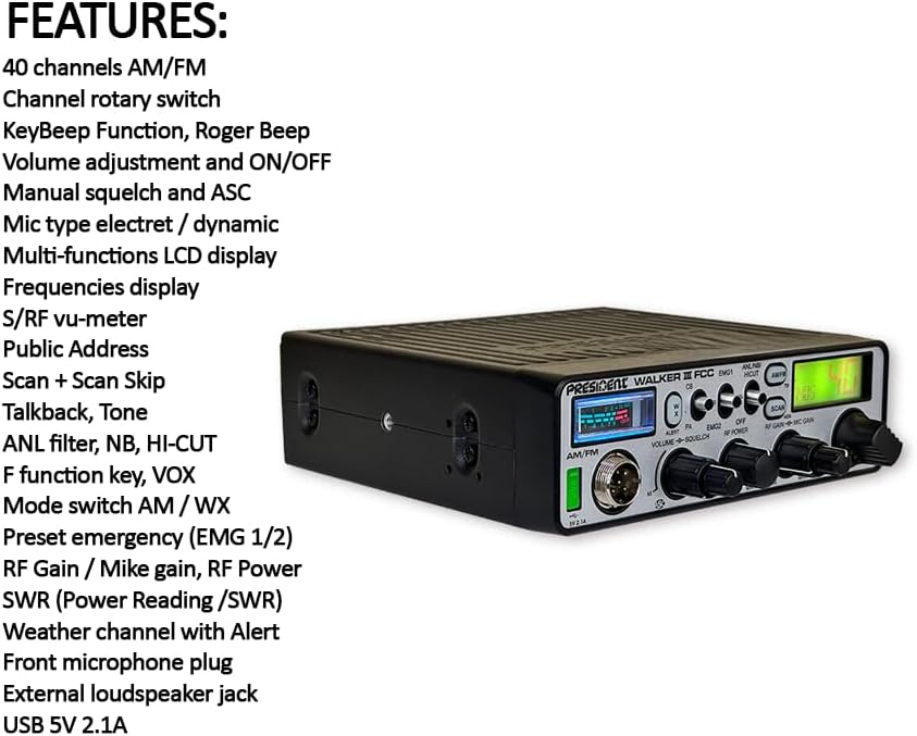 President Walker III FCC AM/FM 40 Channels CB Radio, 7color LCD Display, Weather Channel/Alert, ASC, VOX, Scan Skip, USB Port, Automatic SWR, RF & Mic Gain, ANL/NB, Dimmer, Key/Roger Beep
