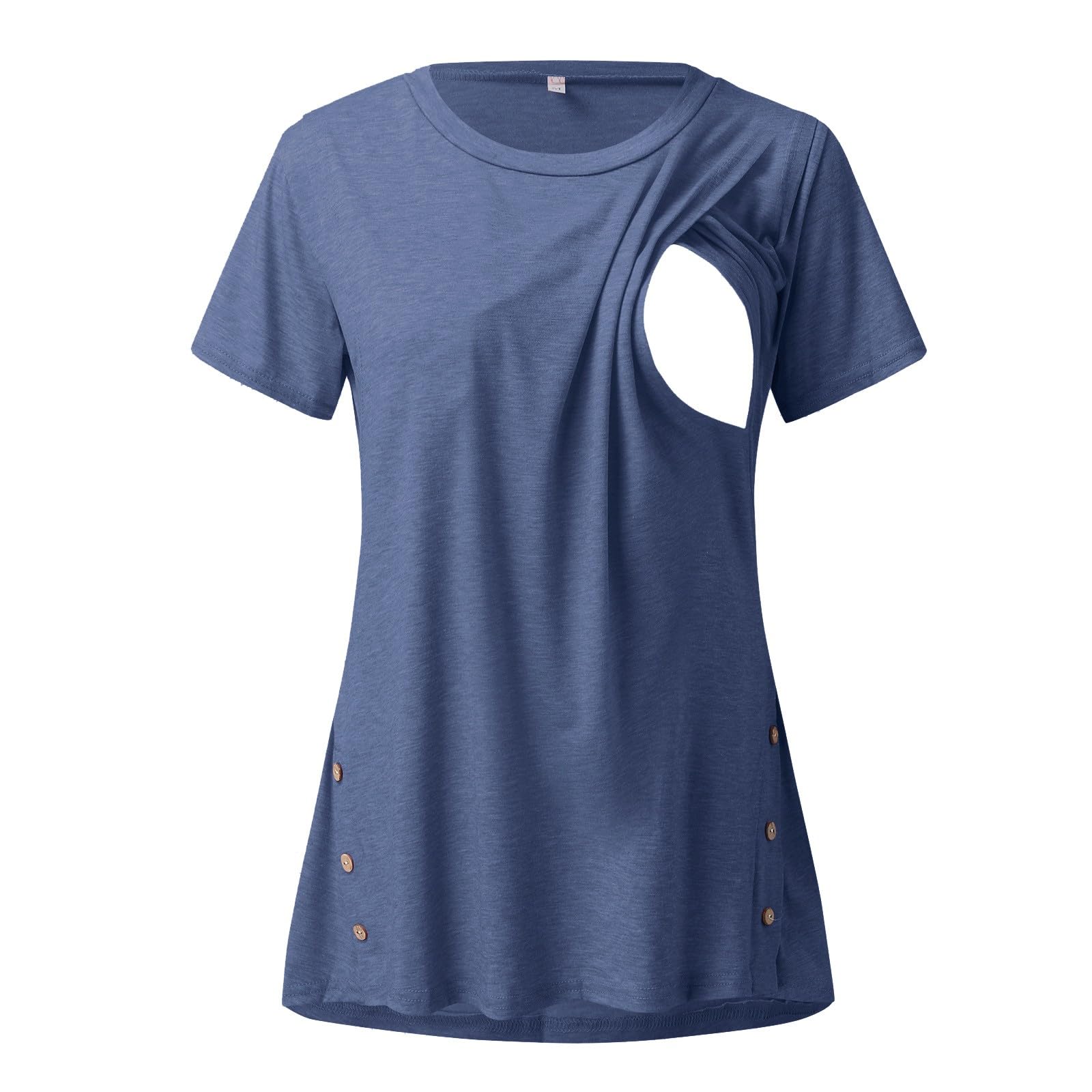 T-Shirt d'allaitement à Manches Courtes pour Femme avec Bouton LatéRal Et Col Rond De Couleur Unie pour l'allaitement Chandails Tuniques Longues pour MaternitéS pour Leggings (Dark Blue, M)