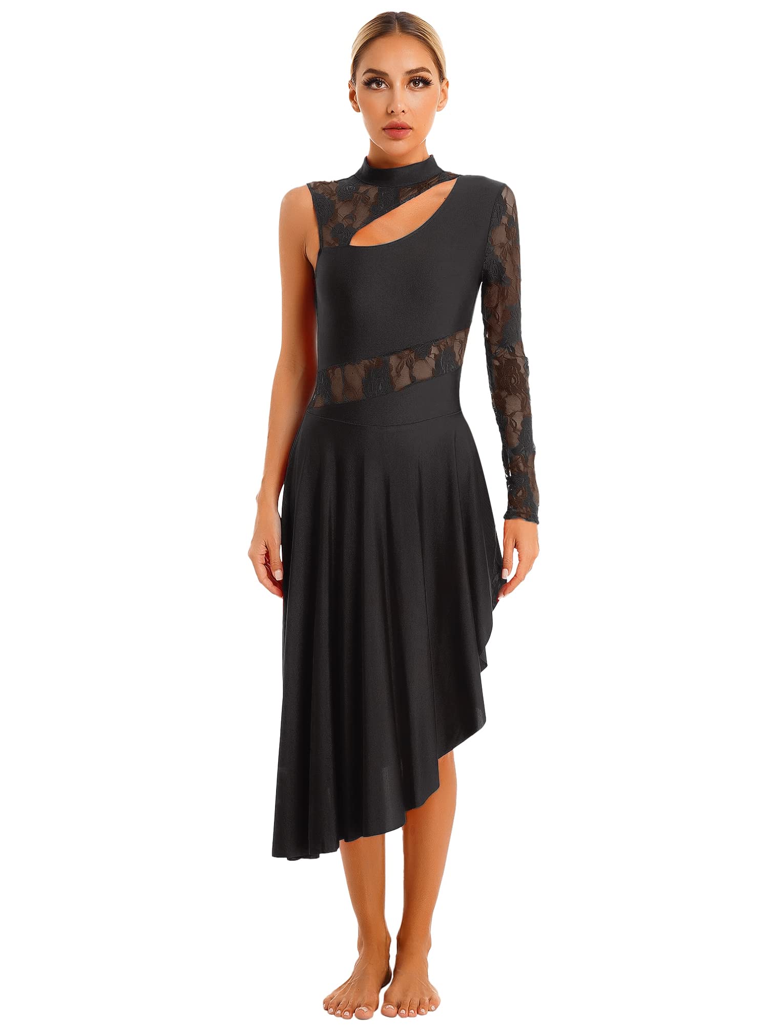 iiniimWomen Lyrical Dance Costume Sheer Lace Side Split Dance Dress Latin Tango Contemporary Dance Costumes