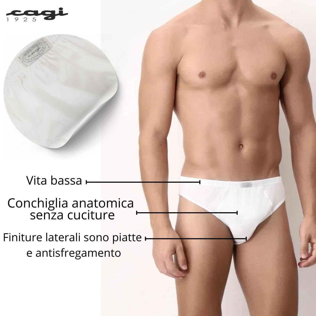 Cagi 1208, set di 6 slip da uomo, 100% cotone, tessuto filo di Scozia bianco