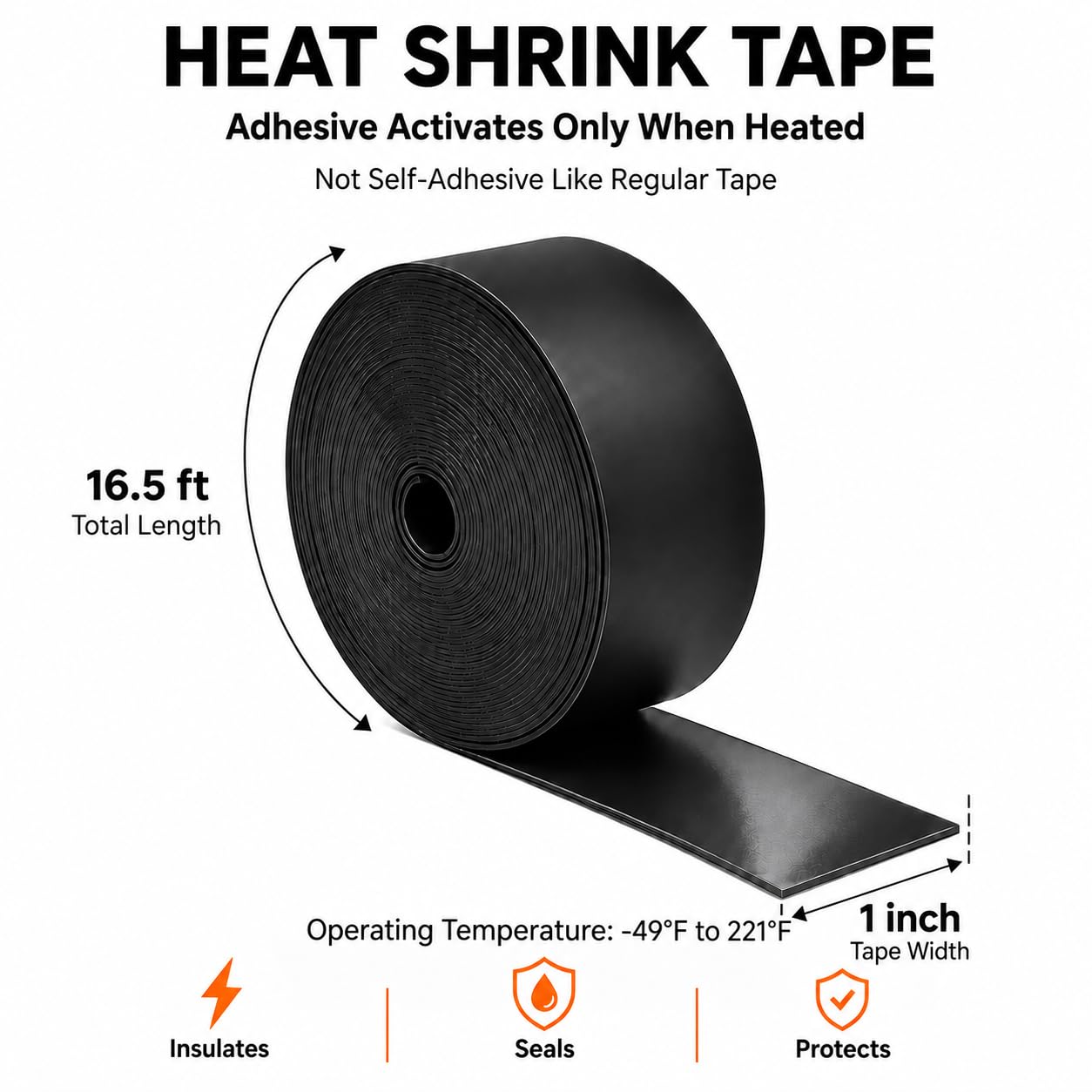 Heat Shrink Tape, 1 Inch x 16.5 FT, Black Cable Repair Wrap