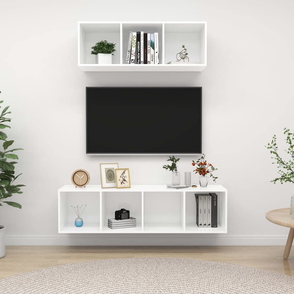 Mueble de TV colgante en color blanco, moderno mueble bajo de madera, montaje en pared con mucho espacio para salón, juego de muebles multimedia de 37 x 37 x 107 cm y 37 x 37 x 142,5 cm