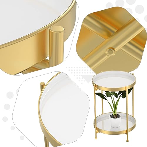 Miniatura 4 de Mesa auxiliar redonda, bandeja de metal dorado de 2 niveles, mesa auxiliar de metal para sofá, sala de estar, mesa de té, espacios pequeños