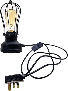 Retro Desk Lamp with Plug in Pendant Switch, B22 Socket Table Light Reading Bedside Edison Wrought Iron Accent Lamp Steampunk Metal Indoor Lamp Stand (Brushed Copper + Bulb)