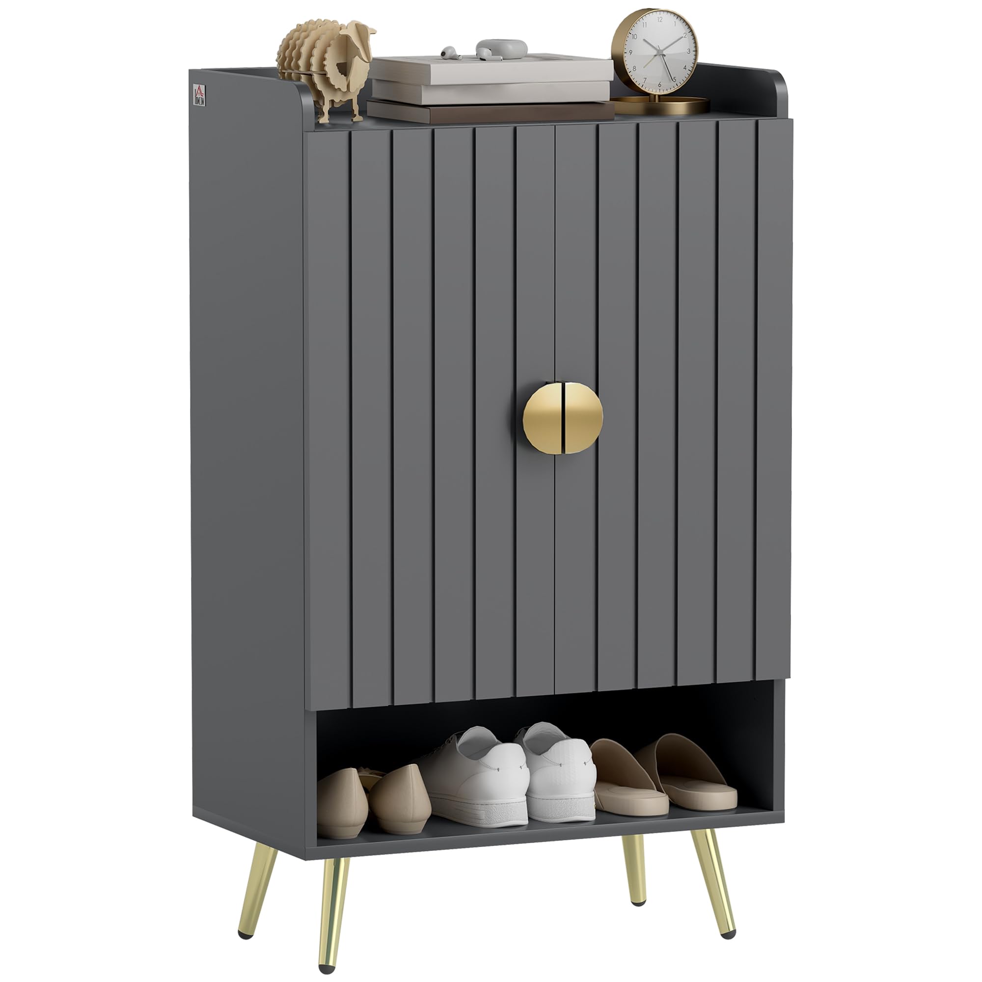 HOMCOM Modern Hallway Shoe Cupboard with Open Compartment Adjustable Shelf in Grey