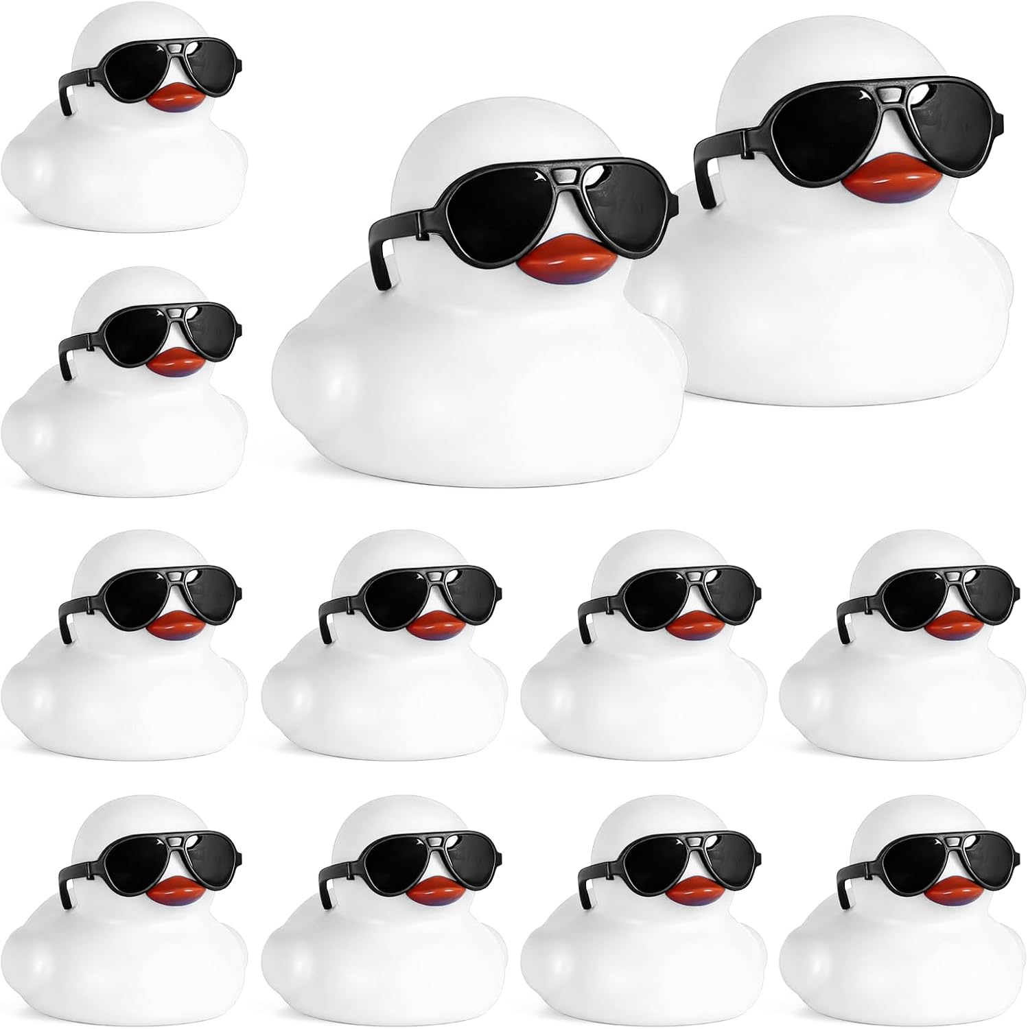 12pcs White Rubber Ducks in Bulk with Sunglasses & Stickers - Complete Set for Stylish Car Dashboard Decor, Home Ornament, Funny Gifts & Photo Props - Mini Ducks for Adults