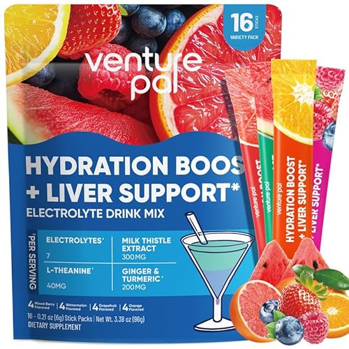 Venture Pal Hydration Packets + Liver Support- Liquid Daily IV Electrolyte Powder Packets with 7 Electrolytes & 5 Vitamins, Milk Thistle + L-Theanine | Sugar-Free | Keto Friendly | Vegan, 16 Sticks