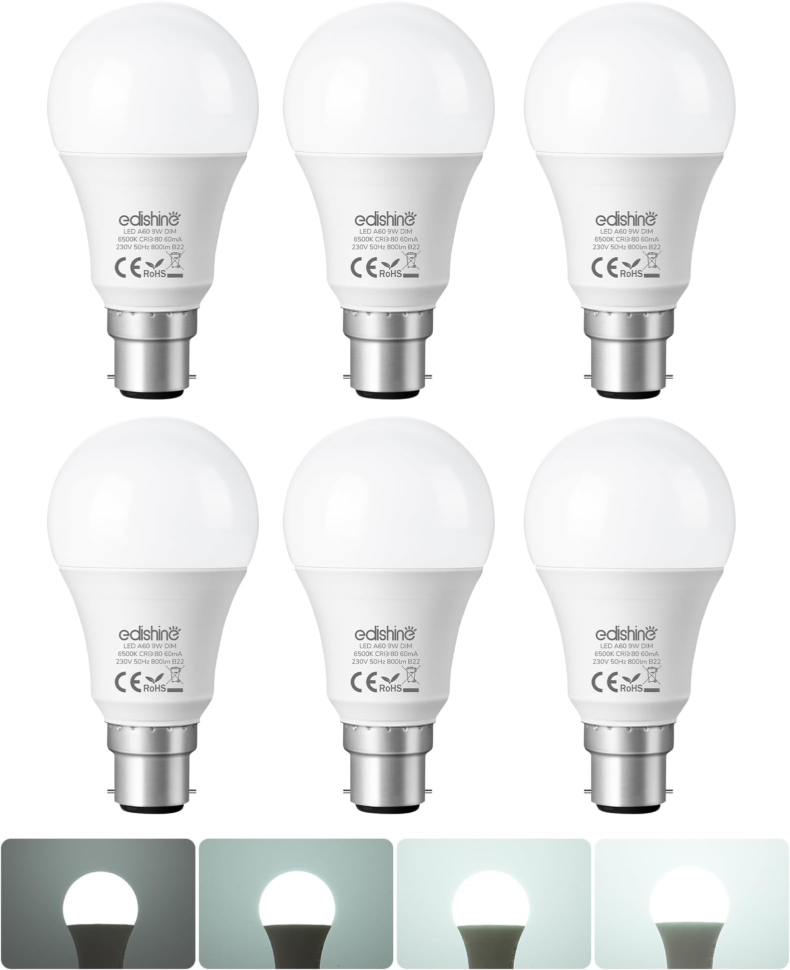 6 Pack Dimmable Bayonet Light Bulb, 9W LED Bulb, Cool White 6500K, BC GLS A60 Energy Saving Bulb, B22 Bulb for Chandelier, Pendant Light, Office Ceiling Light