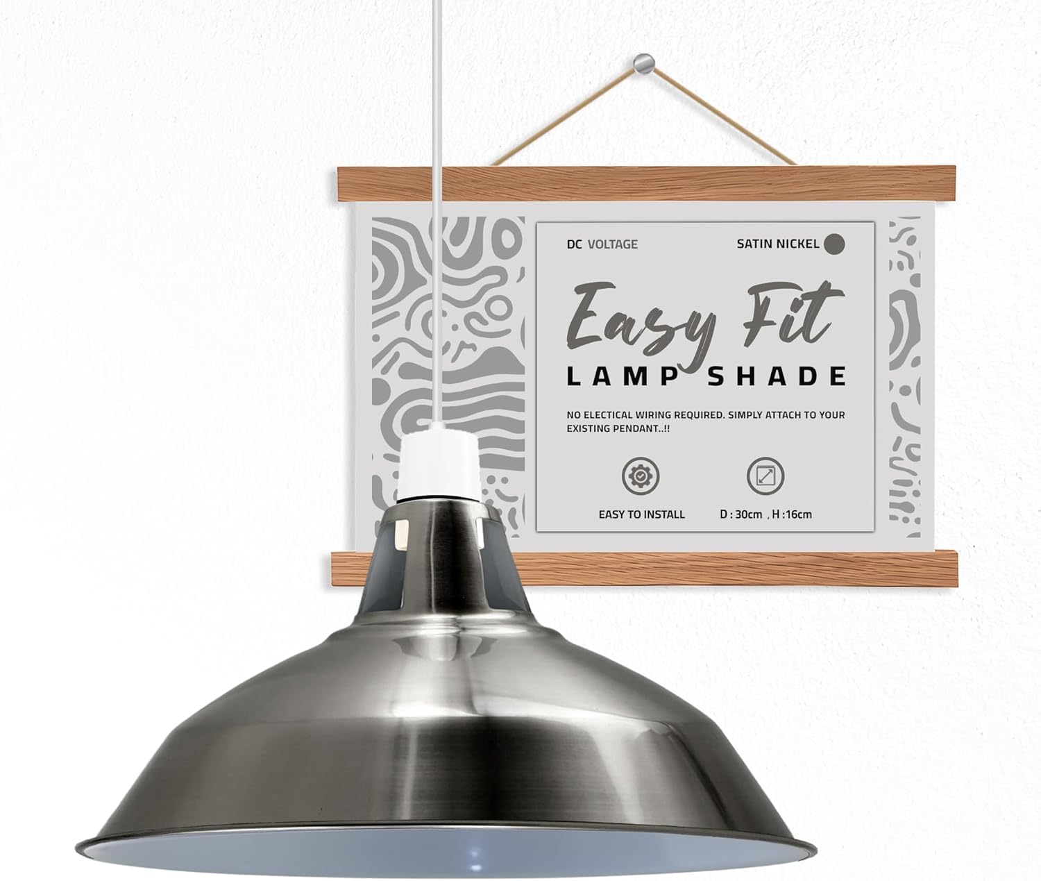 30CM Metal Ceiling Lamp Shade Easy Fit Light Pendant for Bedroom, Hallway, Office, Café, Restaurant - Modern Industrial Lighting (Satin Nikcel)
