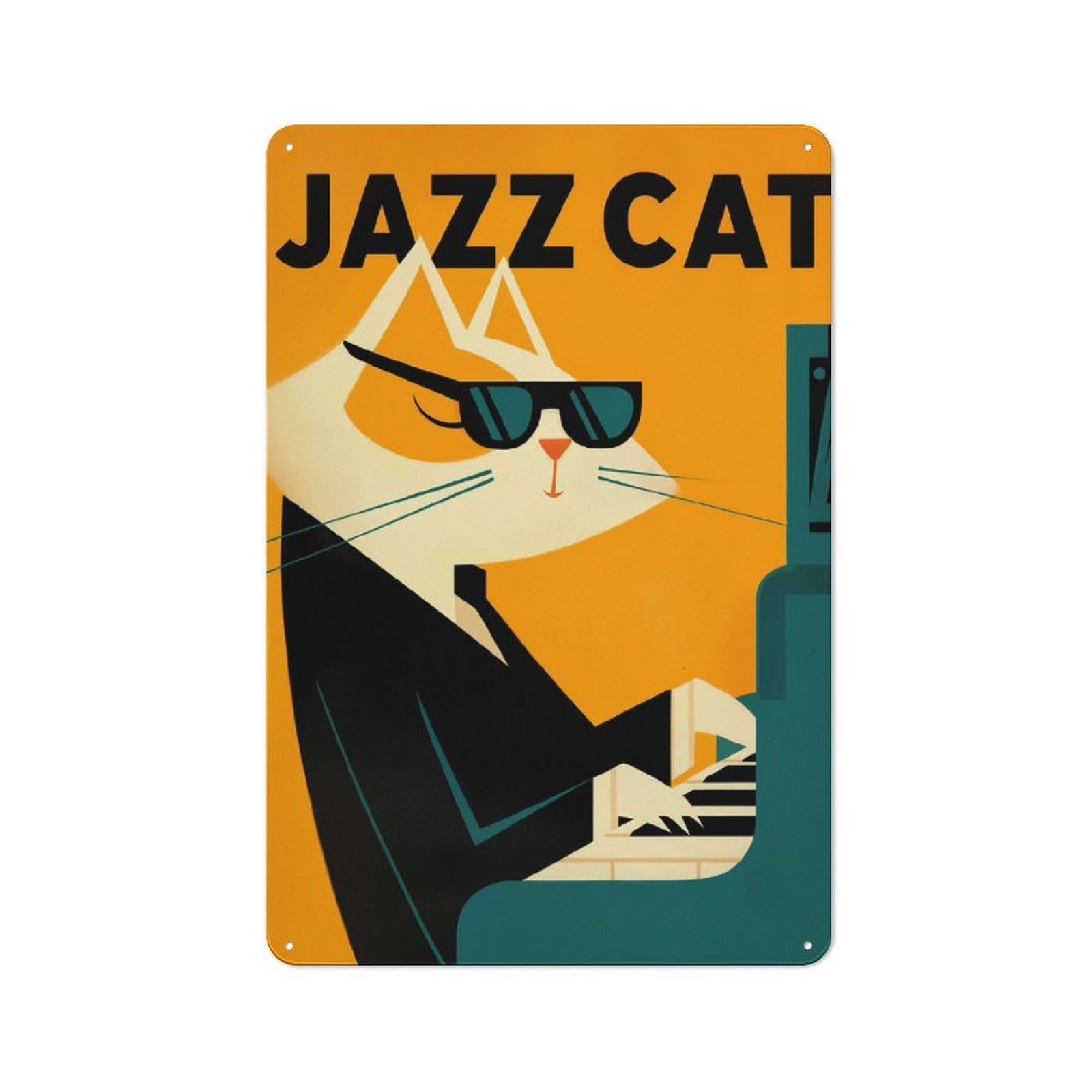 Junmoney Style-22 Retro Metal Sign With Jazz Cat Poster - Club Jazz Design 30X20cm, Distressed Look Retro Room Decor For Living Room, Hallway, Kitchen Or Cafe