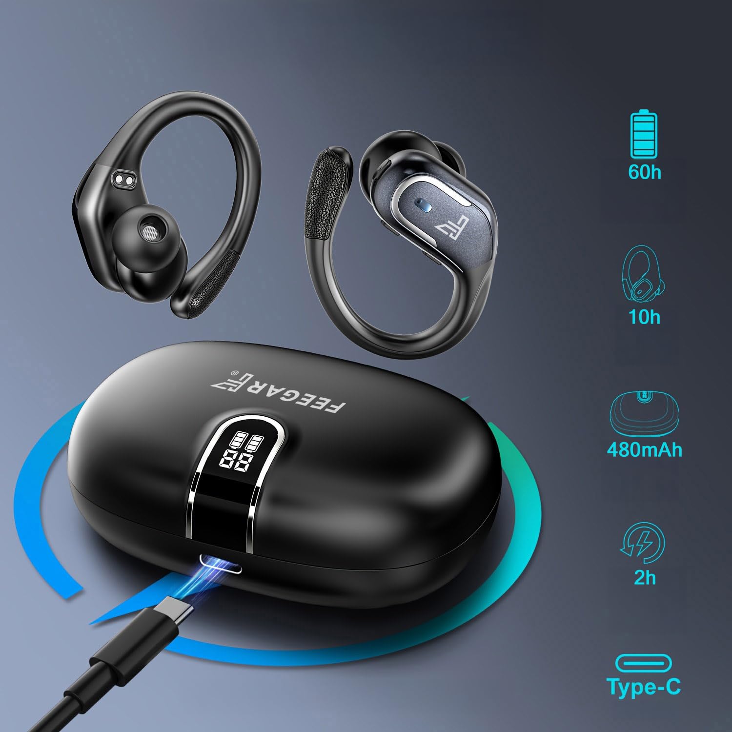 FEEGAR Sport Kopfhörer Kabellos Bluetooth 5.4 mit Noise Cancelling Mikrofon, 70 Stunden Akkulaufzeit, In-Ear, IPX5, starker Bass, rauschfreie Telefonate