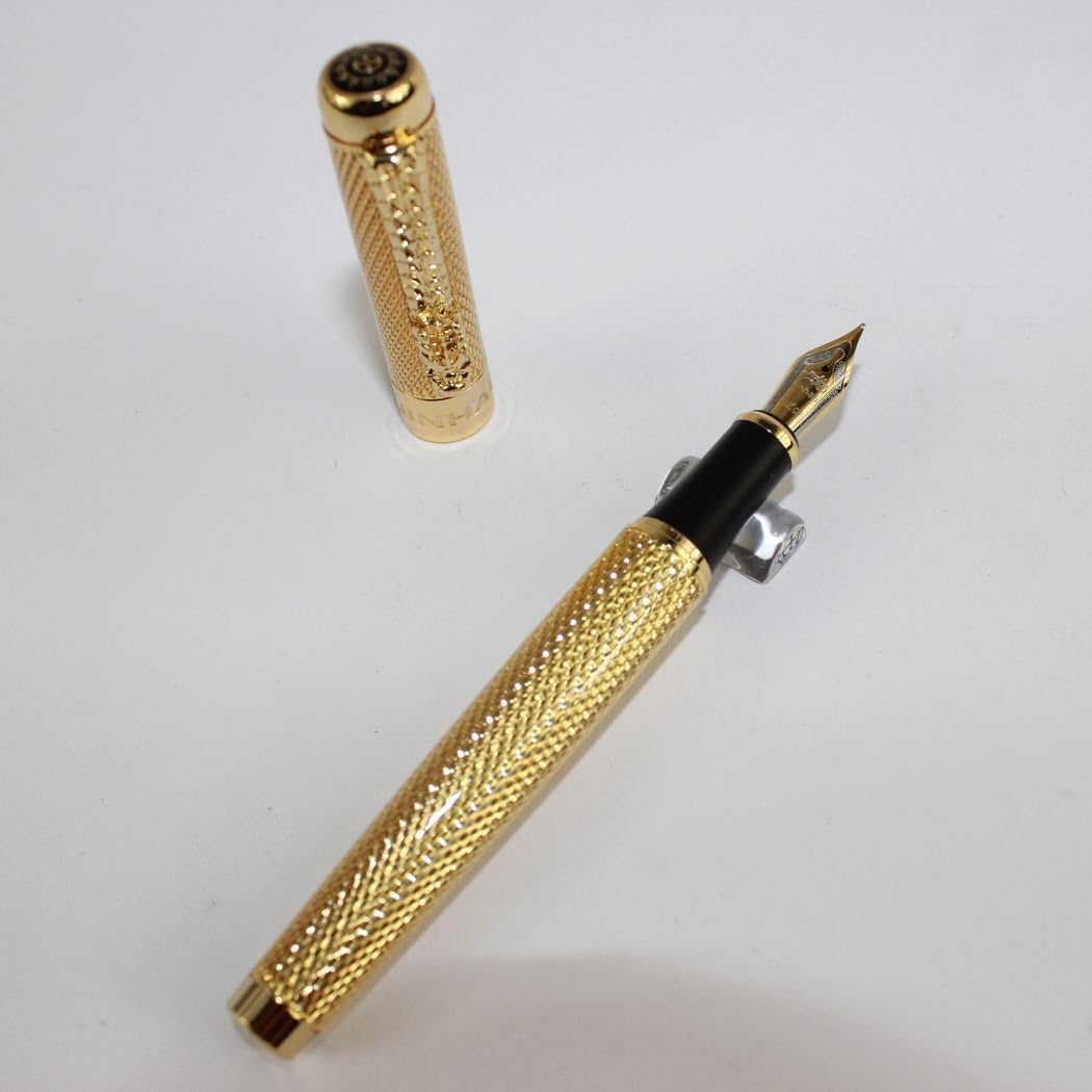 Gullor 1200 pure golden medium fountain pen with carving pattern - Image 4